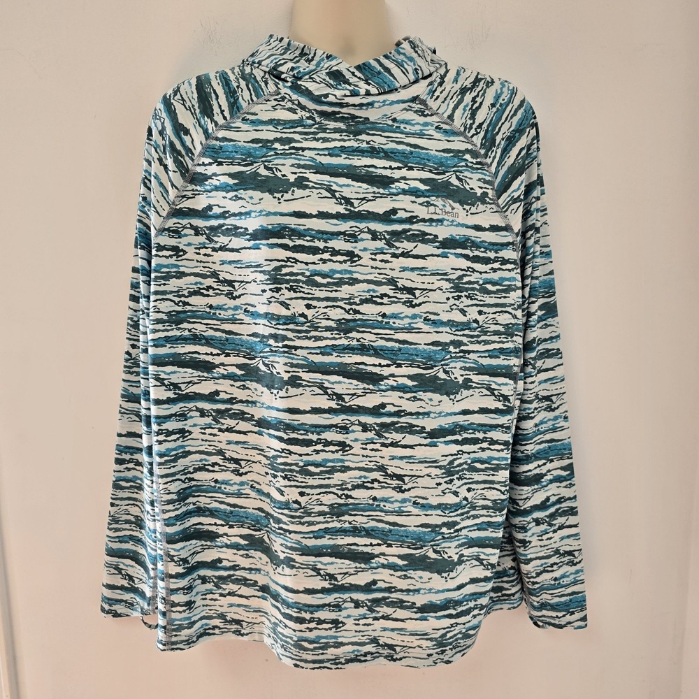 LL Bean Mens Size XL Hooded Shirt Mountain Printed Stretch Slightly Fitted Mens